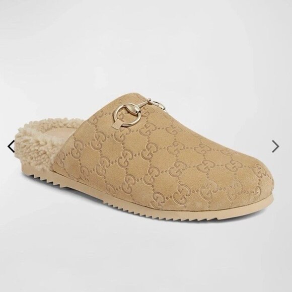 Horsebit Gucci GG Suede Shearling Mules Beige Size 38 - Picture 4 of 4
